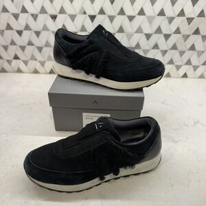 Aquatalia Sz 8.5 Dayanna Weatherproof Leather Sneaker Black Shearling Detail